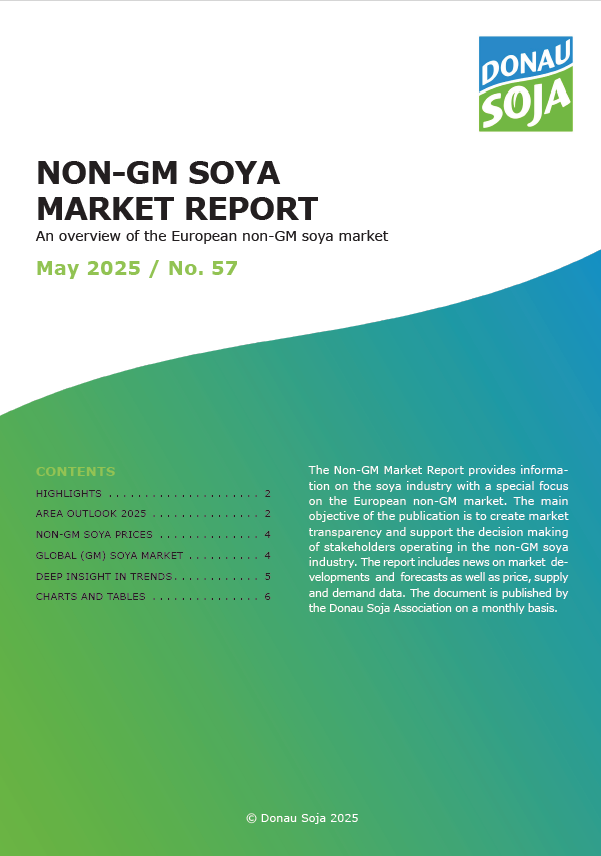 Donau-Soja-Market-Report-April-2025-cover Cover of Donau Soja’s Non-GM Soya Market Report No. 55 – March 2025, with European price trends and area outlook.