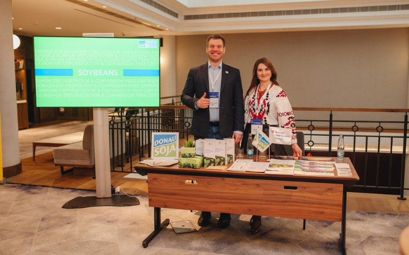 Donau Soja team at Black Sea Grain Europe 2025 booth in Kyiv, promoting sustainable, non-GM soya and EU market integration.