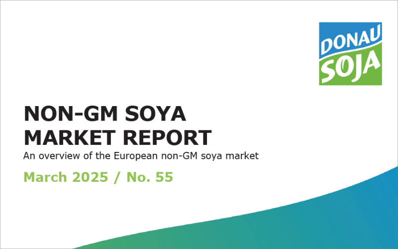 Cover of the March 2025 Donau Soja Market Report with insights on non-GM soya planting, seed availability, and international market dynamics.