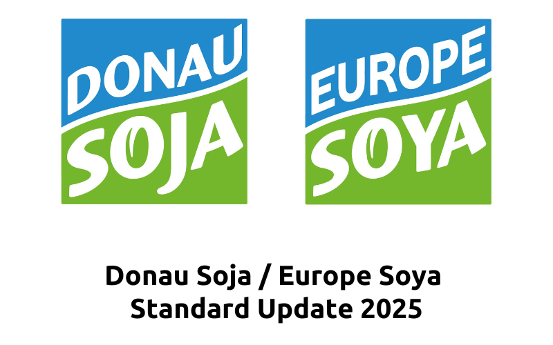 Donau Soja and Europe Soya logos representing the 2025 standard update, aligned with EUDR and stakeholder input.