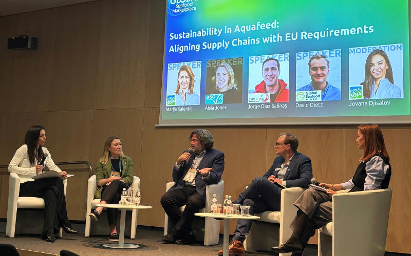 Panel discussion on sustainable aquafeed and EU Deforestation Regulation at Seafood Expo Global 2025 with Donau Soja and international experts