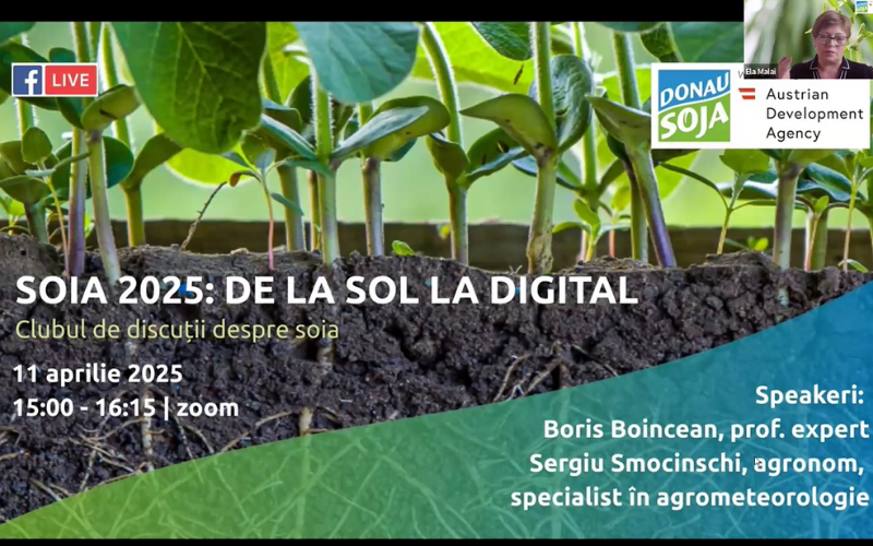 Visual for Donau Soja’s online Soya Discussion Club in Moldova on digitalisation and soya farming, featuring event details and speaker names