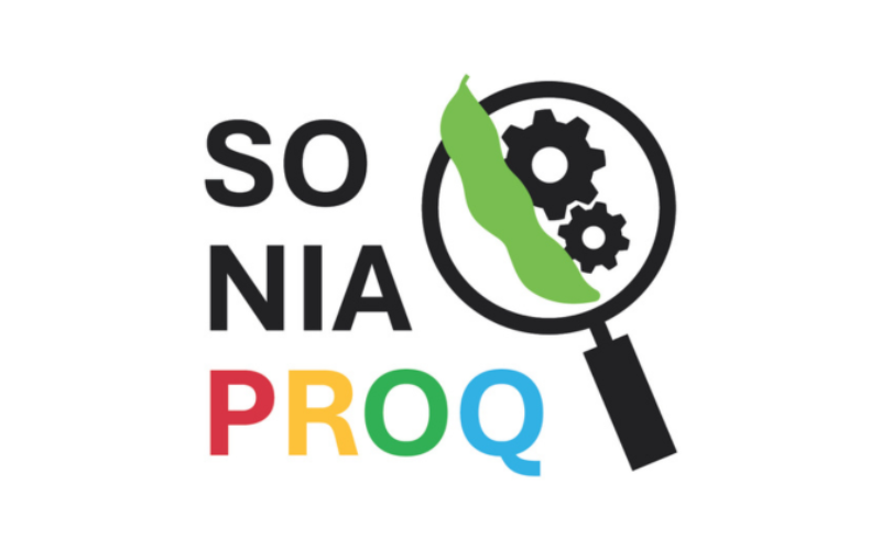 Logo of the Sonia-ProQ project with soybean and gear elements representing innovation in soybean processing and quality