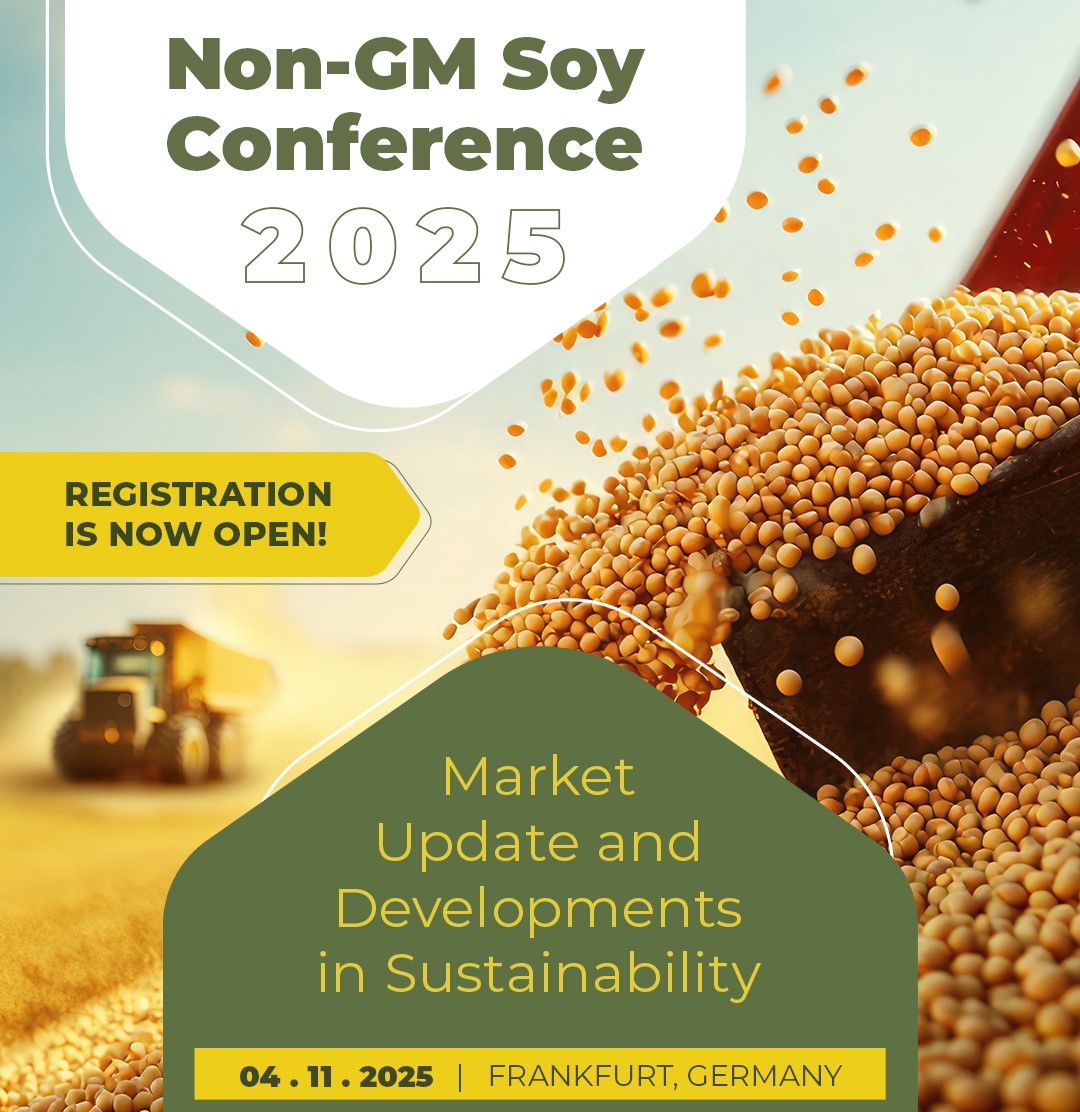 Non-GM-soy-conference-registration-open-2025 Graphic announcing the Non-GM Soy Conference 2025 with the tagline “Market Update and Developments in Sustainability.” Includes a yellow button stating “Registration is now open!” and the date and location: 4 November 2025, Frankfurt, Germany. Background shows a combine harvester and soybeans being offloaded.