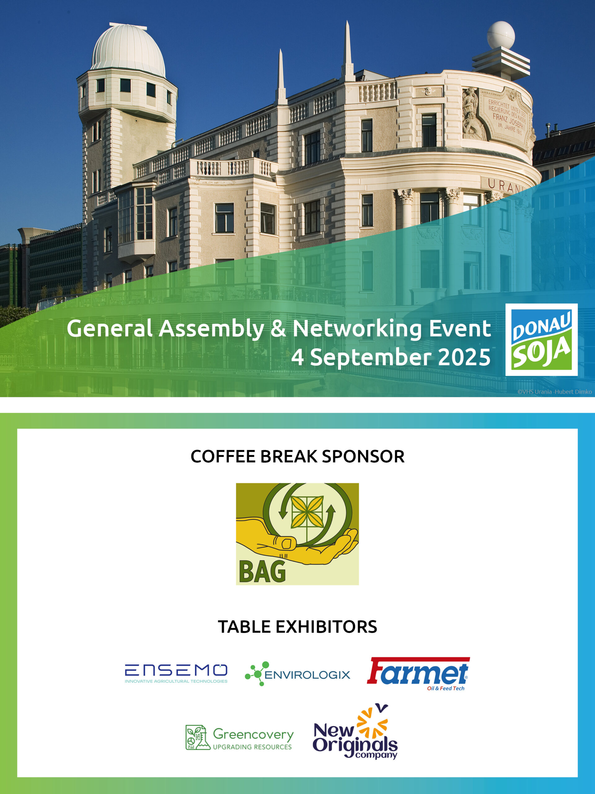 GA25_Visual with Sponsorlogos Visual for Donau Soja General Assembly and Networking Event 2025 featuring BAG as coffee sponsor and company exhibitors