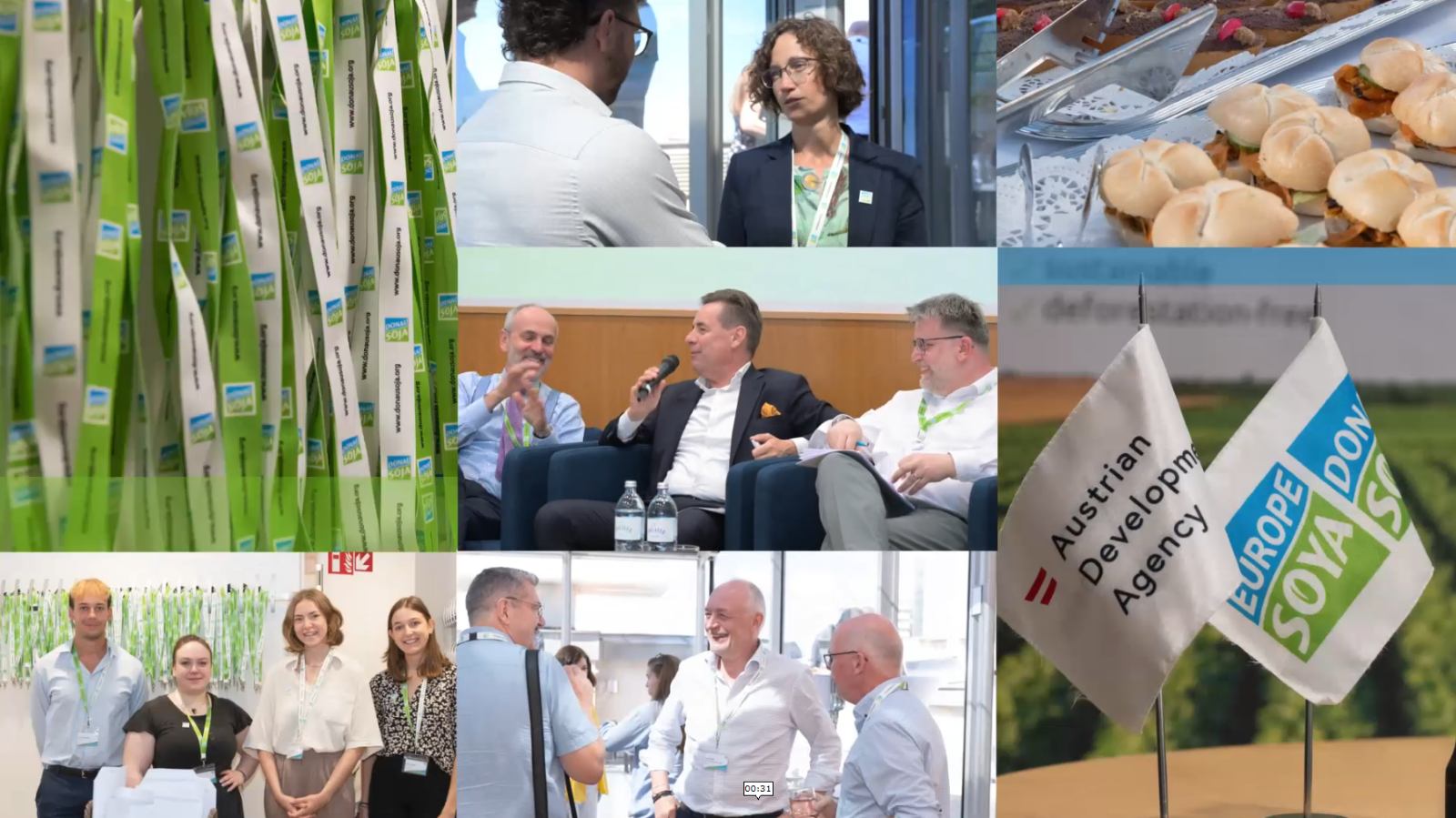 Collage of Donau Soja General Assembly with panel discussion, networking, Austrian Development Agency partnership, and sustainable soya promotion.