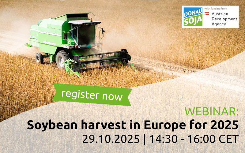 Combine harvester harvesting soybeans in a European field with banner text promoting the Donau Soja webinar “Soybean harvest in Europe for 2025” on 29 October 2025, supported by the Austrian Development Agency.