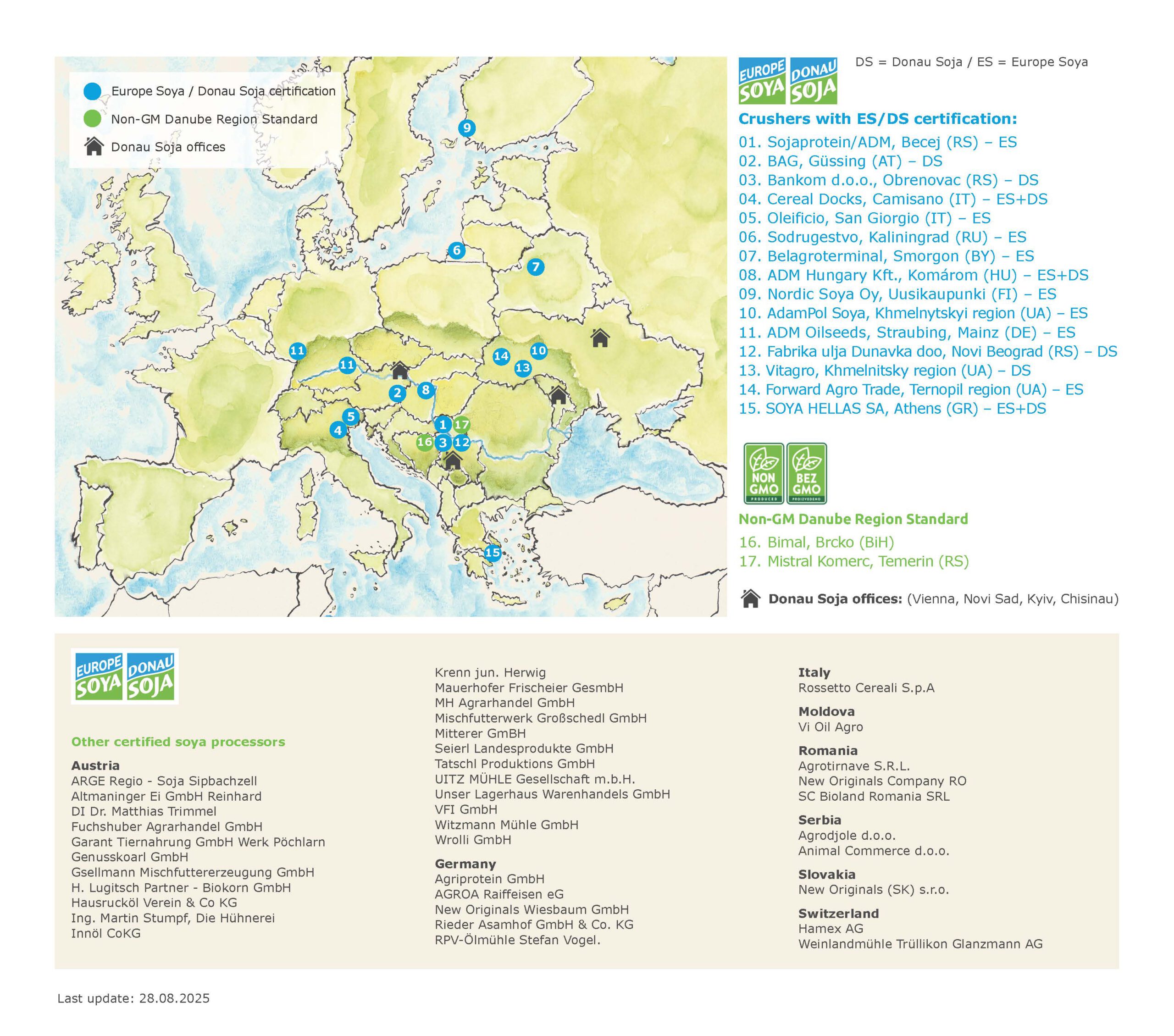 Map of certified oil mills and processors with Donau Soja and Europe Soya certification, highlighting crushers, offices, and non-GM Danube Region Standard facilities across Europe.