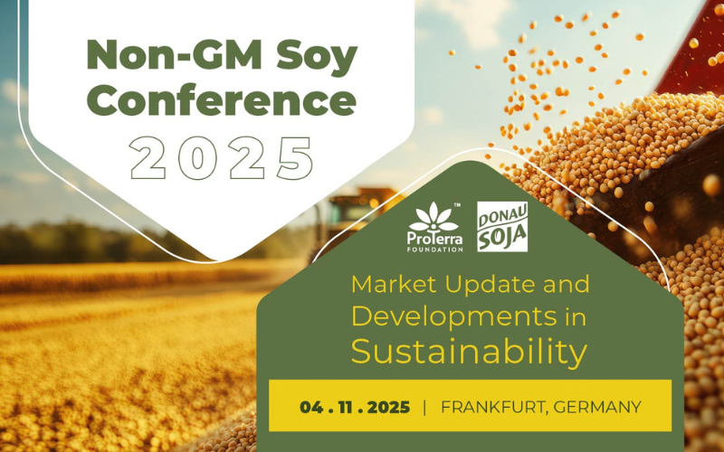 Event-PR_Non-GM Soy Conference Visual promoting the Non-GM Soy Conference 2025 in Frankfurt, Germany, co-organised by ProTerra Foundation and Donau Soja, highlighting sustainable and traceable non-GM soya supply chains in Europe.