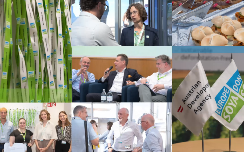 Collage of scenes from the Donau Soja General Assembly 2025 with panel discussions, networking, participants, and Europe Soya and ADA flags.