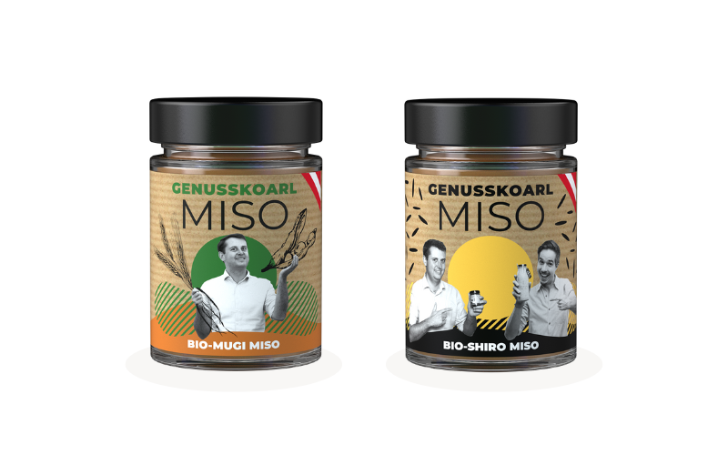 Two jars of Genusskoarl organic Shiro Miso and Mugi Miso made from regional, Donau Soja certified Austrian soybeans.