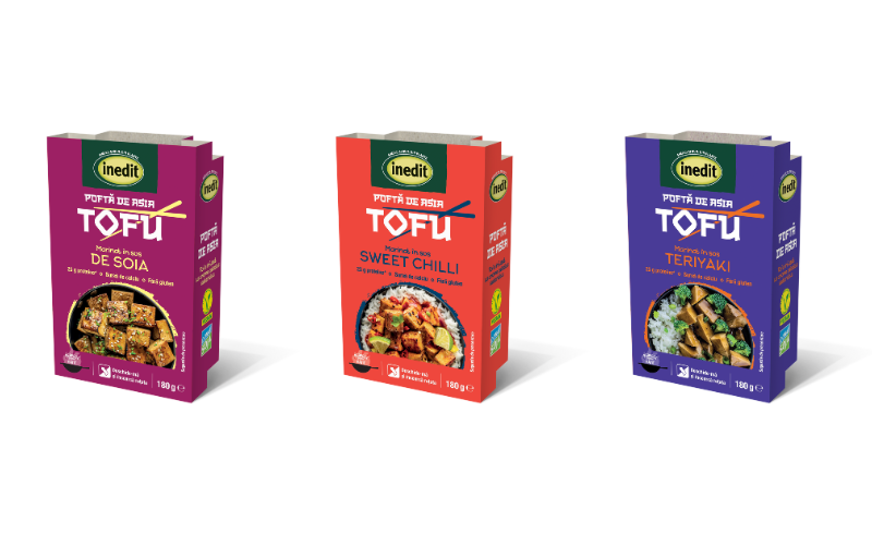 Three Inedit marinated tofu varieties produced in Romania from Donau Soja certified soybeans, featuring Sweet Chili, Teriyaki and Soy Sauce flavours.