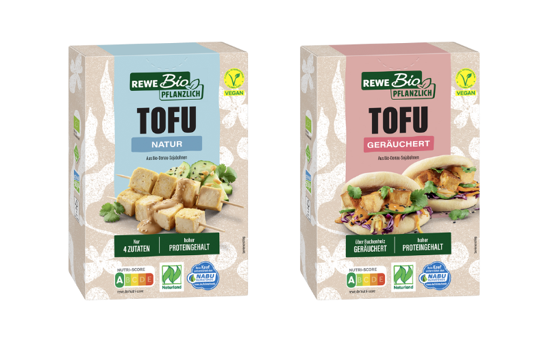 REWE Bio natural and smoked tofu made with Donau Soja certified European soya