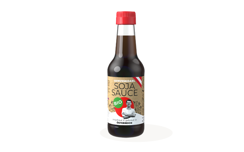 Bottle of Genusskoarl traditionally fermented soy sauce made from regional, Donau Soja certified soybeans.