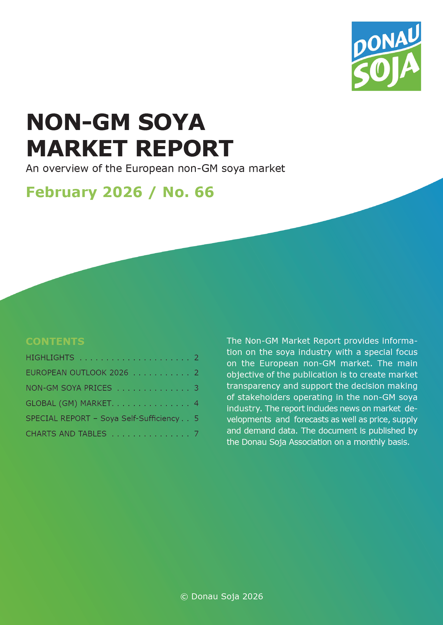 Non-GM soya market report February 2026 by Donau Soja showing European market overview, price trends, supply and demand data, and soya self-sufficiency insights