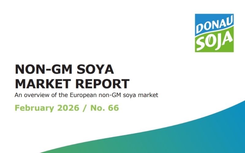 Cover of the Donau Soja Non-GM Soya Market Report February 2026 showing European soya market overview