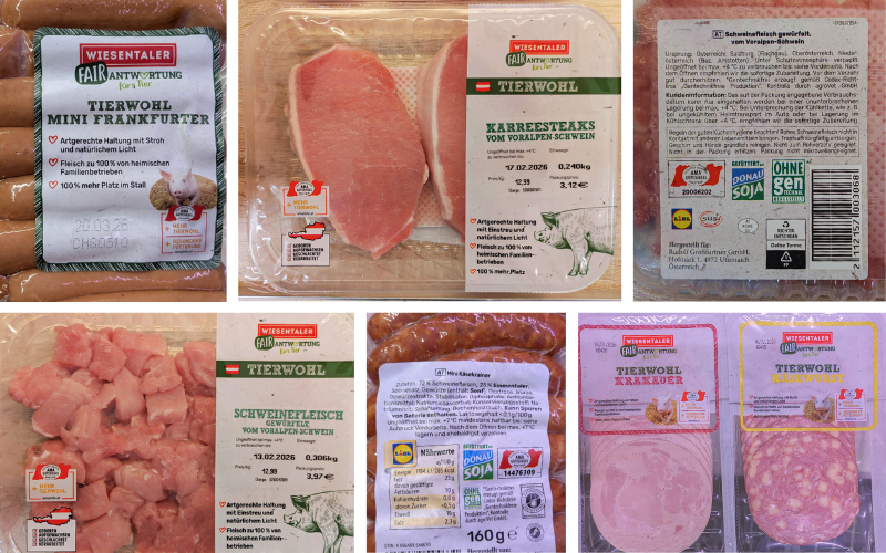 Selection of Lidl Wiesentaler Fairantwortung fürs Tier pork products carrying the Donau Soja label produced with certified non-GM soya feed