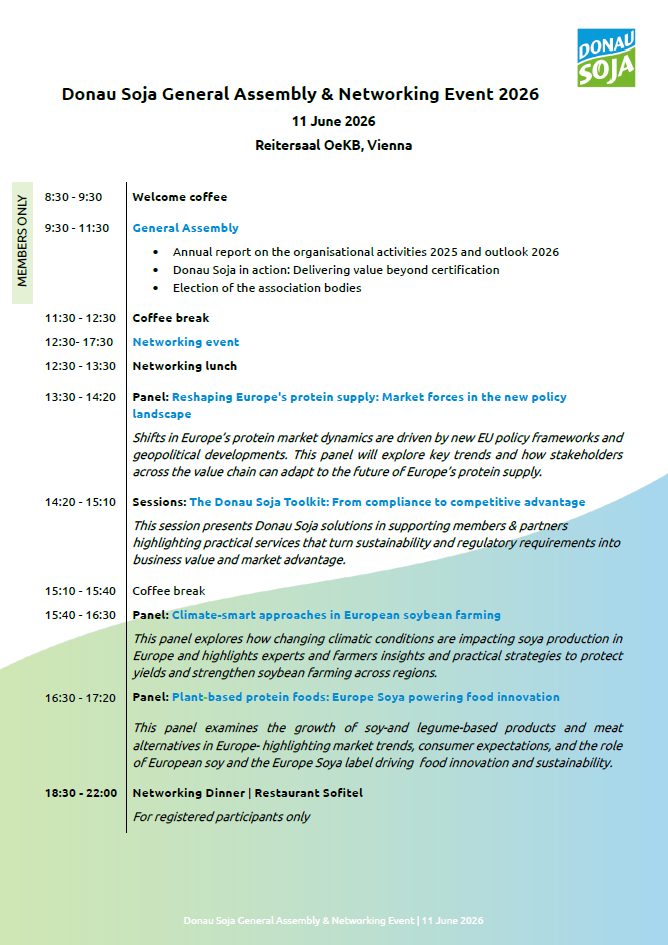 preview image of the programme for the next Donau Soja General Assembly & Networking Event 2025, taking place on 4.September in Urania Vienna 