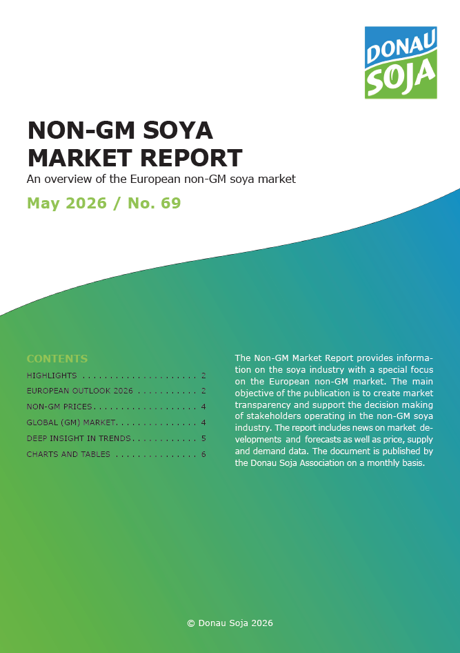 Non-GM Soya Market Report May 2026 – Issue No. 69 Cover of the Donau Soja Non-GM Soya Market Report No. 69, May 2026, featuring the European non-GM soya market overview