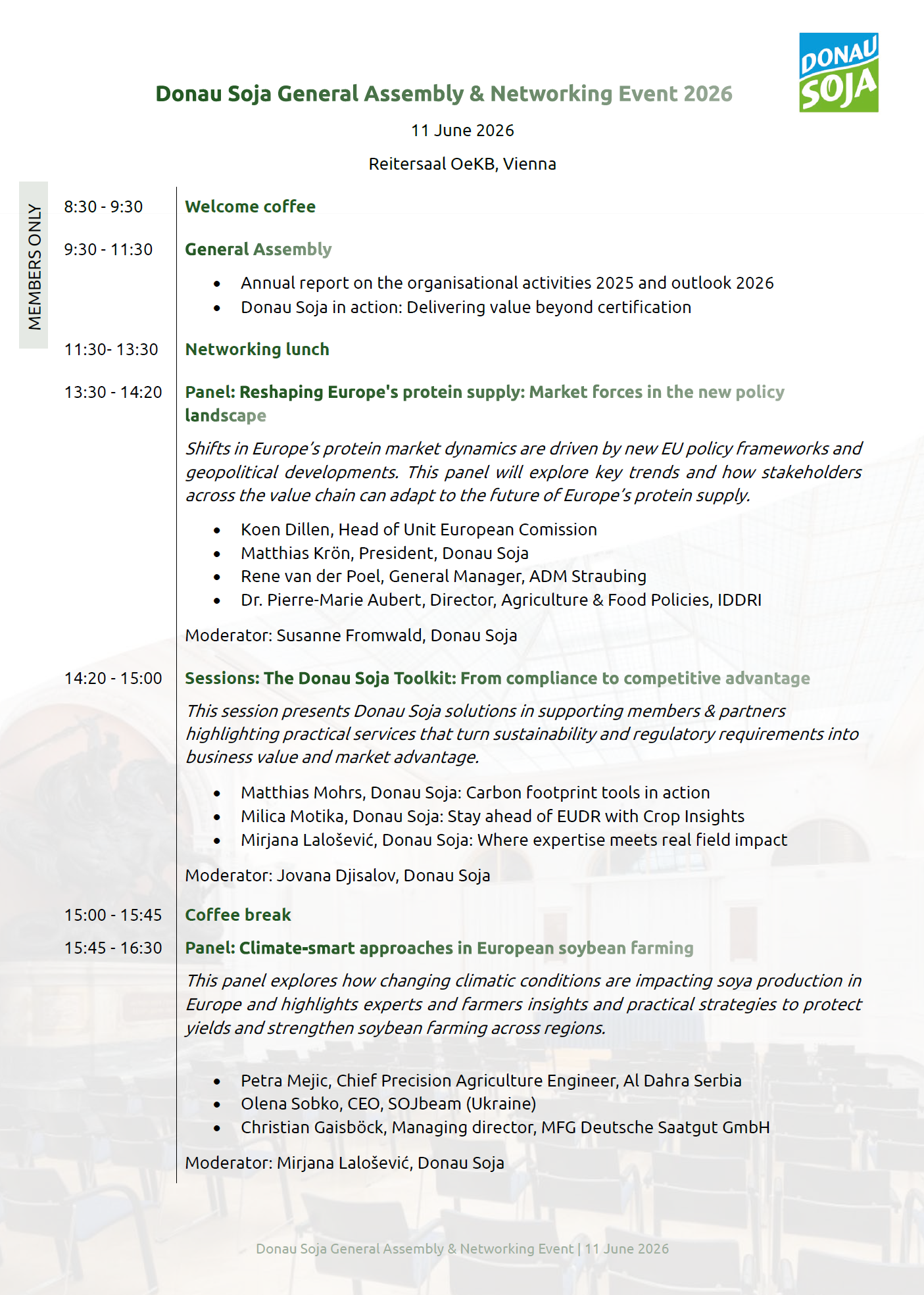 preview image of the programme for the next Donau Soja General Assembly & Networking Event 2025, taking place on 4.September in Urania Vienna 