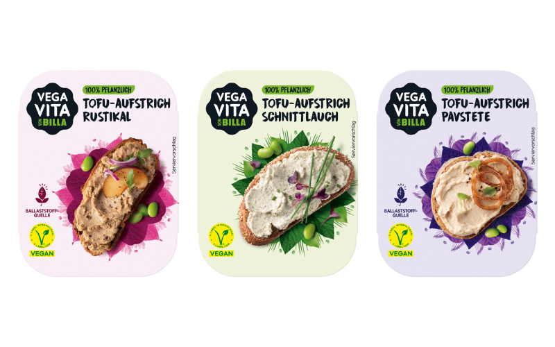 Three Inedit marinated tofu varieties produced in Romania from Donau Soja certified soybeans, featuring Sweet Chili, Teriyaki and Soy Sauce flavours.