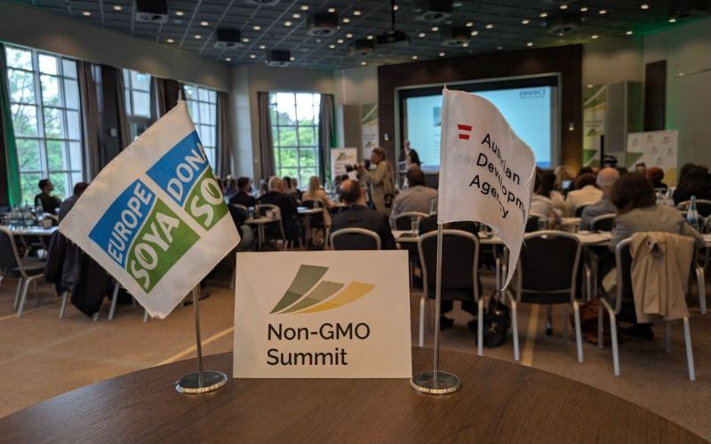DS-newsletter-June26-Non-GM-Summit International Non-GMO Summit 2026 conference venue in Frankfurt with Europe Soya and Austrian Development Agency flags
