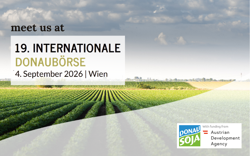 Donau Soja at the 19th International Donaubörse, 4 September 2026, Vienna – event announcement visual with soya field background.