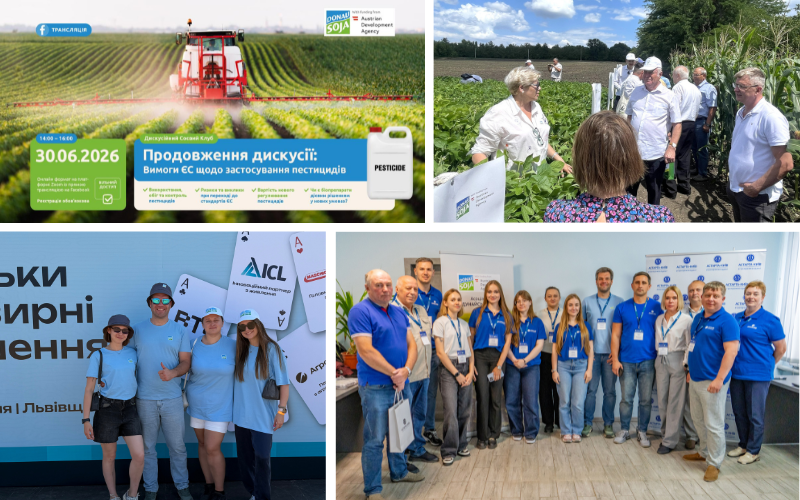 DS-newsletter-August26-past events Collage of Donau Soja activities in Ukraine and Moldova, including a pesticide discussion, a soybean field visit, a training session and a field day