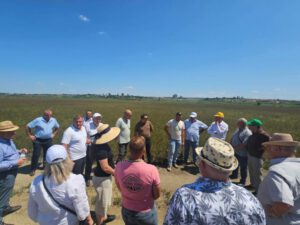 Farmers and seminar participants discuss crop rotation in a field in southern Moldova