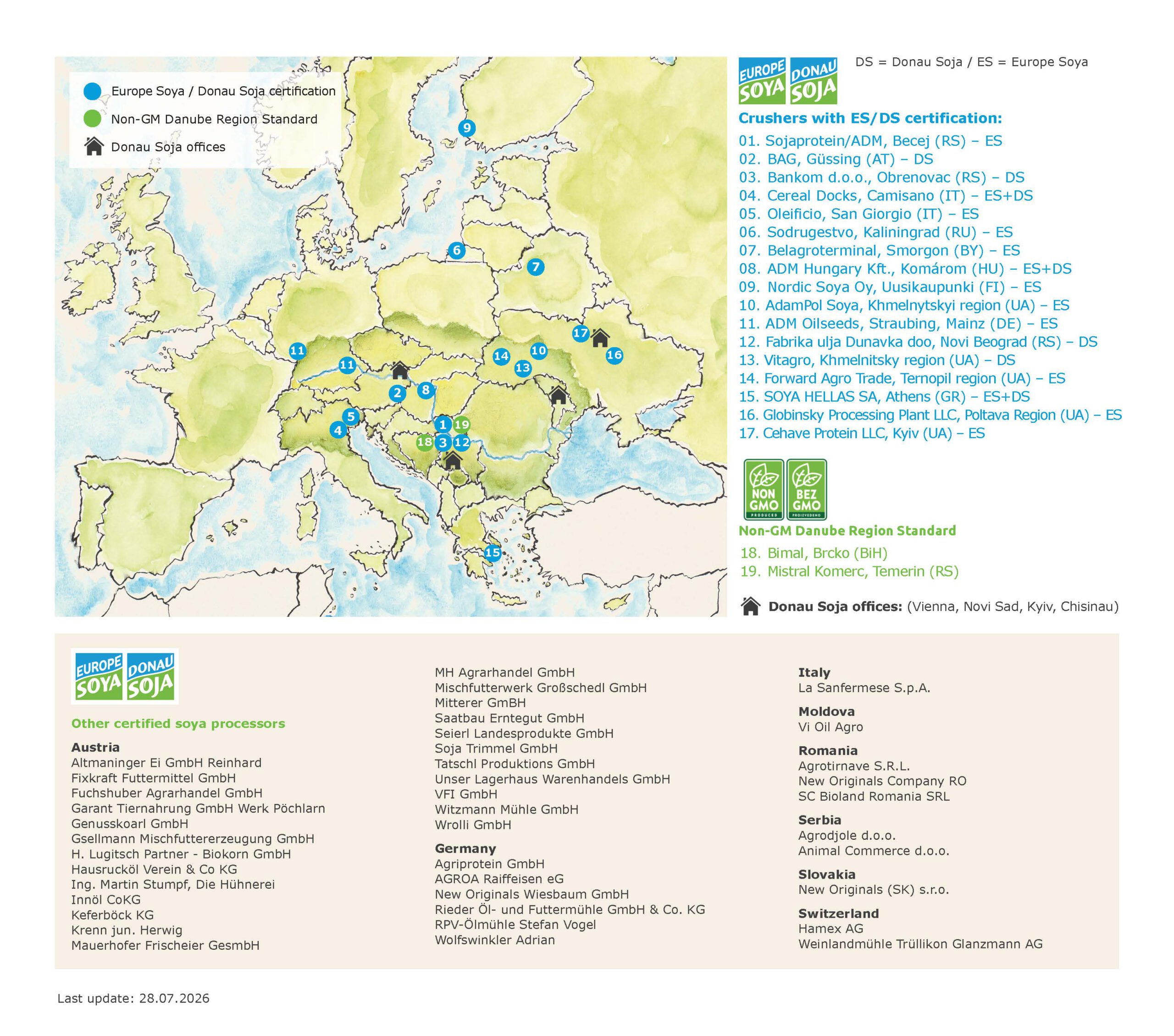 Map of Europe showing Donau Soja, Europe Soya, and Non-GM Danube Region certified crushers and processors in 2025, including 15 ES/DS-certified crushers and 2 Non-GM Danube Region sites, with Donau Soja offices marked in Vienna, Novi Sad, Kyiv, and Chisinau.