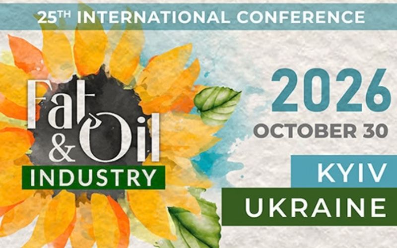 DS-newsletter-October26-Fat-and-Oil-Industry Promotional graphic for the 25th international Fat & Oil Industry conference, showing 30 October 2026 in Kyiv, Ukraine, with sunflower imagery.
