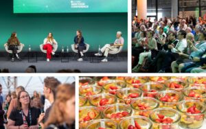 Collage showing a panel discussion, audience, networking and food samples at the New Food Conference.