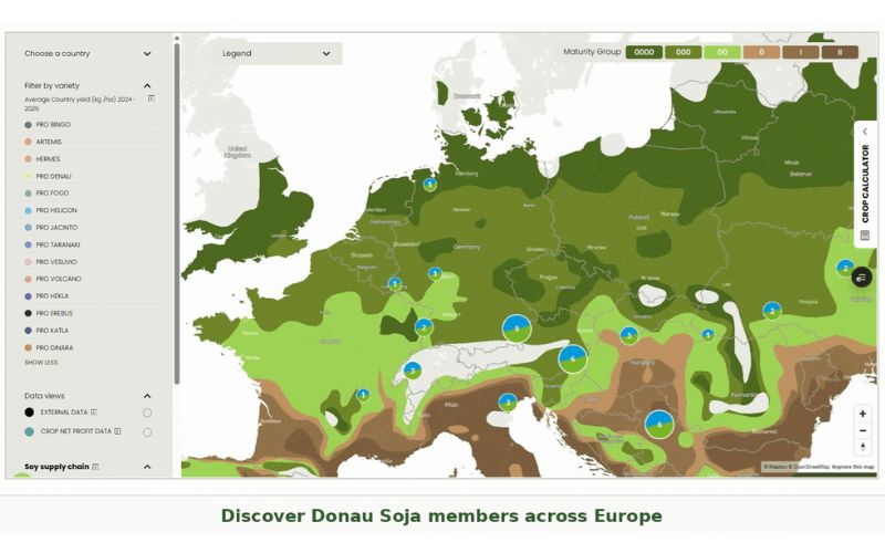 DS-newsletter-October26-ProtealisMap Screenshot of Protealis’ Soy Map of Europe with colour-coded maturity zones, filters and map markers.