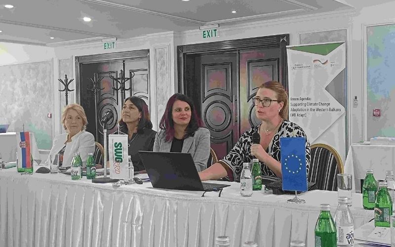 Four people sit at a workshop panel table, with one speaking and an EU flag and climate adaptation banner visible.
