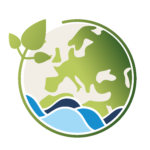 Stylised globe with green land shapes, a leaf motif on the left and blue waves along the bottom.